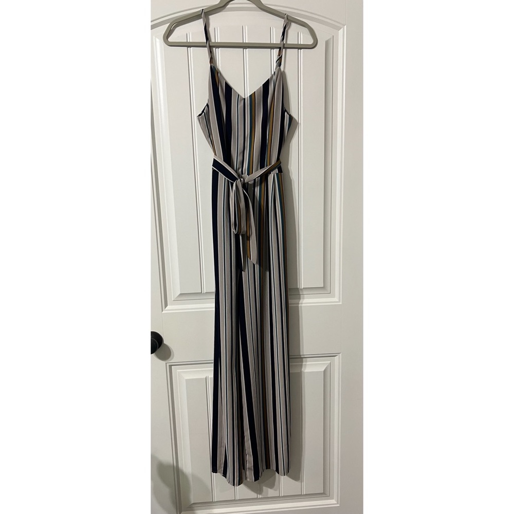 Monteau size large striped wide leg, v neck, spaghetti strapped jumpsuit